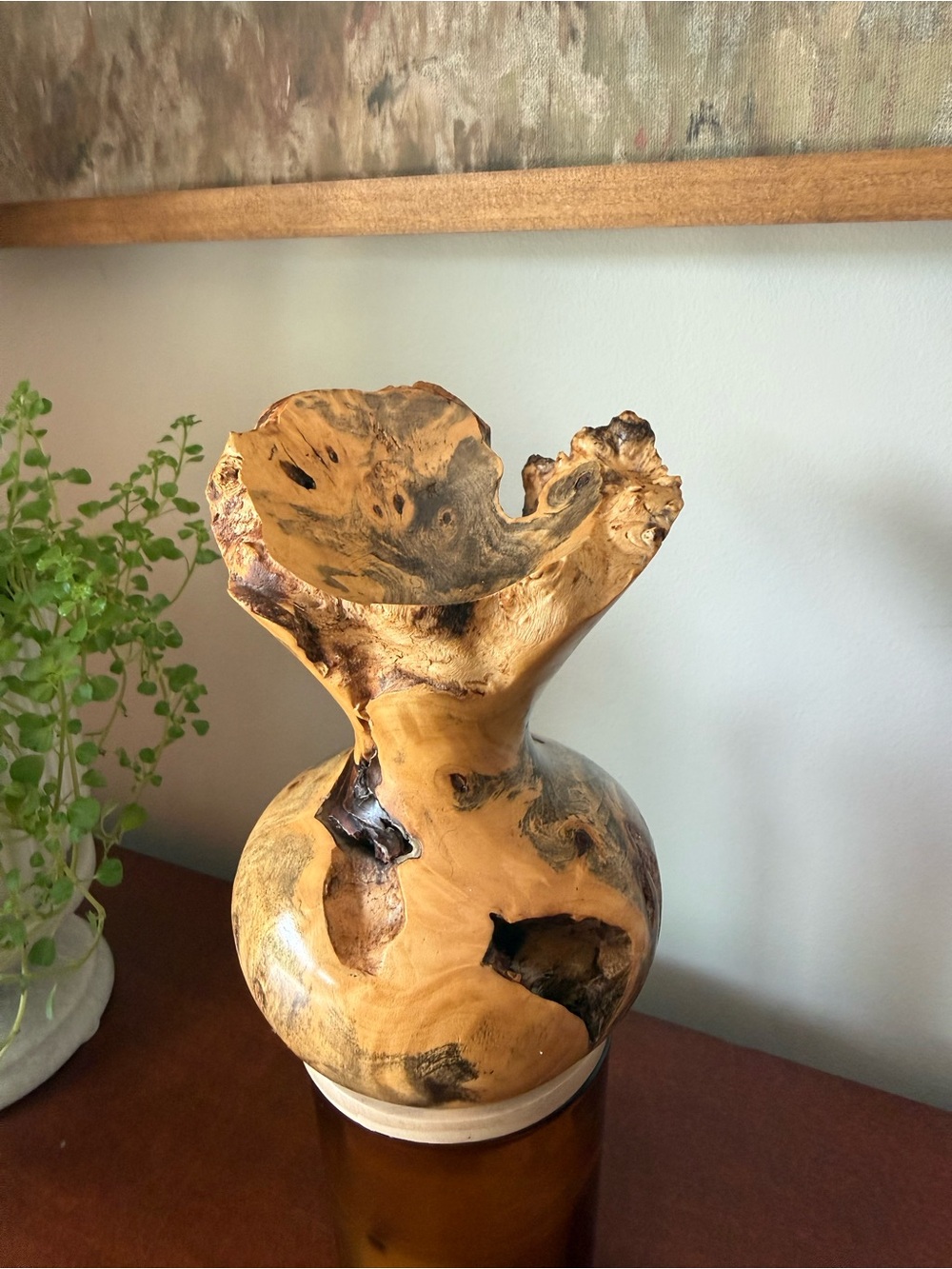 Vintage Hand Turned Burl Wood Decorative Bud Vase  - Natural Honey & Dark Brown